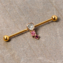 Load image into Gallery viewer, 14G Clear Pink Red Gem Gold Tone Heart Industrial Barbell 38mm

