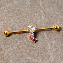 Load image into Gallery viewer, 14G Clear Pink Red Gem Gold Tone Heart Industrial Barbell 38mm
