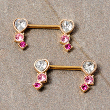 Load image into Gallery viewer, 14G 9/16 Clear Pink Red Gem Heart Barbell Nipple Ring Set
