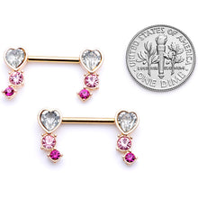 Load image into Gallery viewer, 14G 9/16 Clear Pink Red Gem Heart Barbell Nipple Ring Set
