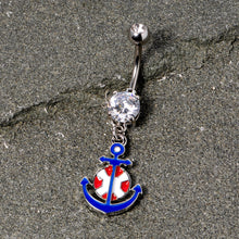 Load image into Gallery viewer, Clear Gem Blue Red Life Ring Anchor Nautical Belly Ring
