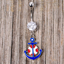 Load image into Gallery viewer, Clear Gem Blue Red Life Ring Anchor Nautical Belly Ring
