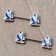 Load image into Gallery viewer, 14G 9/16 Blue White Nautical Sailboat Barbell Nipple Ring Set
