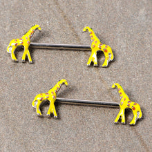 Load image into Gallery viewer, 14G 9/16 Brown Yellow Giraffe Barbell Nipple Ring Set
