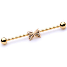 Load image into Gallery viewer, 14G Clear Gem Gold Tone Bow Tie Industrial Barbell 38mm
