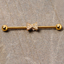 Load image into Gallery viewer, 14G Clear Gem Gold Tone Bow Tie Industrial Barbell 38mm
