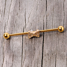 Load image into Gallery viewer, 14G Clear Gem Gold Tone Bow Tie Industrial Barbell 38mm
