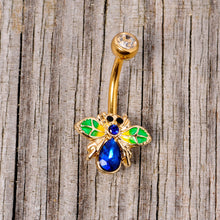 将图片加载到图库查看器，Blue Clear Gem Gold Tone Colorful Bee Belly Ring
