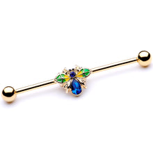 将图片加载到图库查看器，14G Blue Gem Gold Tone Colorful Bee Industrial Barbell 38mm
