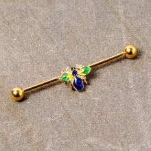 将图片加载到图库查看器，14G Blue Gem Gold Tone Colorful Bee Industrial Barbell 38mm
