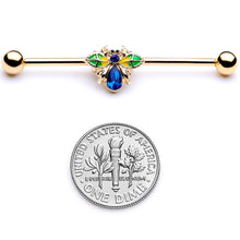将图片加载到图库查看器，14G Blue Gem Gold Tone Colorful Bee Industrial Barbell 38mm
