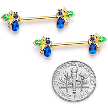 Load image into Gallery viewer, 14G 9/16 Blue Gem Gold Tone Colorful Bee Barbell Nipple Ring Set
