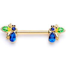 Load image into Gallery viewer, 14G 9/16 Blue Gem Gold Tone Colorful Bee Barbell Nipple Ring Set
