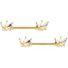 Load image into Gallery viewer, 14G 9/16 Aurora Gem Gold Tone Crown Love Barbell Nipple Ring Set
