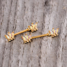 Load image into Gallery viewer, 14G 9/16 Aurora Gem Gold Tone Crown Love Barbell Nipple Ring Set
