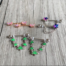 Load image into Gallery viewer, 14G 5/8 Blue Purple Gem Star Chain Dangle Barbell Nipple Ring Set
