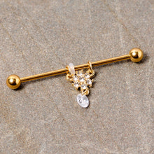 Load image into Gallery viewer, 14G Clear Gem Gold Tone Regal Crest Dangle Industrial Barbell 38mm
