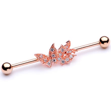 将图片加载到图库查看器，14G Clear CZ Gem Rose Gold Tone Butterflies Industrial Barbell 38mm
