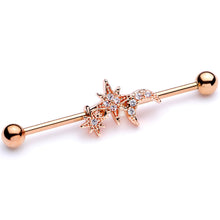 将图片加载到图库查看器，14G Clear CZ Gem Rose Gold Tone Moon Stars Industrial Barbell 38mm
