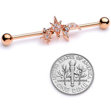 将图片加载到图库查看器，14G Clear CZ Gem Rose Gold Tone Moon Stars Industrial Barbell 38mm
