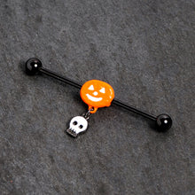 Load image into Gallery viewer, 14G Orange Pumpkin Skull Halloween Dangle Industrial Barbell 38mm
