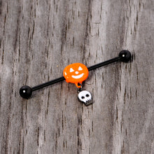 Load image into Gallery viewer, 14G Orange Pumpkin Skull Halloween Dangle Industrial Barbell 38mm
