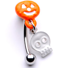 Load image into Gallery viewer, 16G 3/8 Pumpkin Ghost Halloween Dangle Curved Eyebrow Ring
