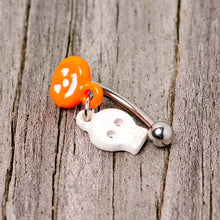 Load image into Gallery viewer, 16G 3/8 Pumpkin Ghost Halloween Dangle Curved Eyebrow Ring
