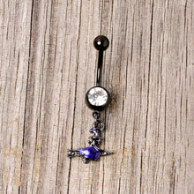 Load image into Gallery viewer, Clear Gem Black Purple Broom Witch Halloween Dangle Belly Ring
