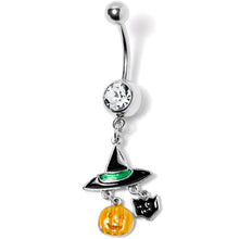 将图片加载到图库查看器，Clear Gem Witch Hat Bat Orange Pumpkin Halloween Dangle Belly Ring
