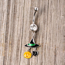 将图片加载到图库查看器，Clear Gem Witch Hat Bat Orange Pumpkin Halloween Dangle Belly Ring
