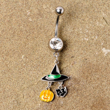 将图片加载到图库查看器，Clear Gem Witch Hat Bat Orange Pumpkin Halloween Dangle Belly Ring
