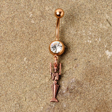 Load image into Gallery viewer, Clear Gem Rose Gold Tone Mermaid Skeleton Halloween Dangle Belly Ring
