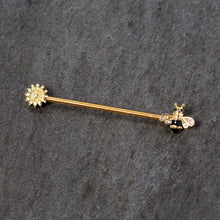 Load image into Gallery viewer, 14G Clear Black Gem Gold Tone Bee Sunflower Industrial Barbell 38mm
