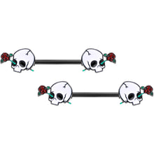 Load image into Gallery viewer, 14G 9/16 Black PVD Rose Scary Skull Halloween Nipple Ring Set
