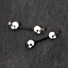 Load image into Gallery viewer, 14G 9/16 Black PVD Rose Scary Skull Halloween Nipple Ring Set
