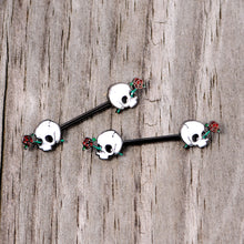 Load image into Gallery viewer, 14G 9/16 Black PVD Rose Scary Skull Halloween Nipple Ring Set
