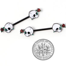 Load image into Gallery viewer, 14G 9/16 Black PVD Rose Scary Skull Halloween Nipple Ring Set

