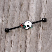 Load image into Gallery viewer, 14G Black PVD Rose Skull Halloween Industrial Barbell 38mm
