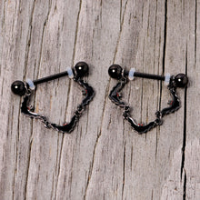 Load image into Gallery viewer, 14G 9/16 Black Vampire Bat Halloween Dangle Nipple Ring Set
