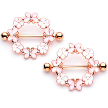 Load image into Gallery viewer, 14G 9/16 Clear Gem Gold Tone Pink Butterfly Nipple Shield Set
