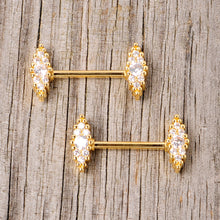 Load image into Gallery viewer, 14G 9/16 Clear CZ Gem Gold Tone Texture Barbell Nipple Ring Set
