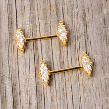 Load image into Gallery viewer, 14G 9/16 Clear CZ Gem Gold Tone Texture Barbell Nipple Ring Set

