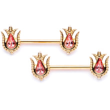 Load image into Gallery viewer, 14G 9/16 Pink Gem Gold Tone Flower Barbell Nipple Ring Set
