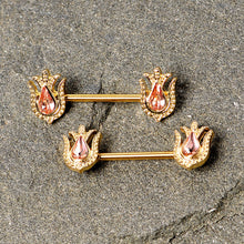 Load image into Gallery viewer, 14G 9/16 Pink Gem Gold Tone Flower Barbell Nipple Ring Set
