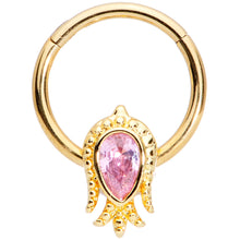将图片加载到图库查看器，16G 3/8 Pink Gem Gold Tone Sideways Tulip Flower Hinged Segment Ring
