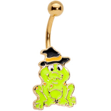 Load image into Gallery viewer, Gold Tone Ghastly Green Frog Witch Hat Halloween Belly Ring
