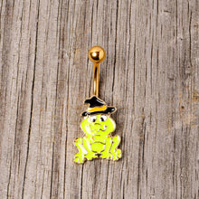 Load image into Gallery viewer, Gold Tone Ghastly Green Frog Witch Hat Halloween Belly Ring
