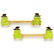 Load image into Gallery viewer, 14G 9/16 Gold Tone Frog Witch Halloween Barbell Nipple Ring Set
