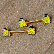 Load image into Gallery viewer, 14G 9/16 Gold Tone Frog Witch Halloween Barbell Nipple Ring Set

